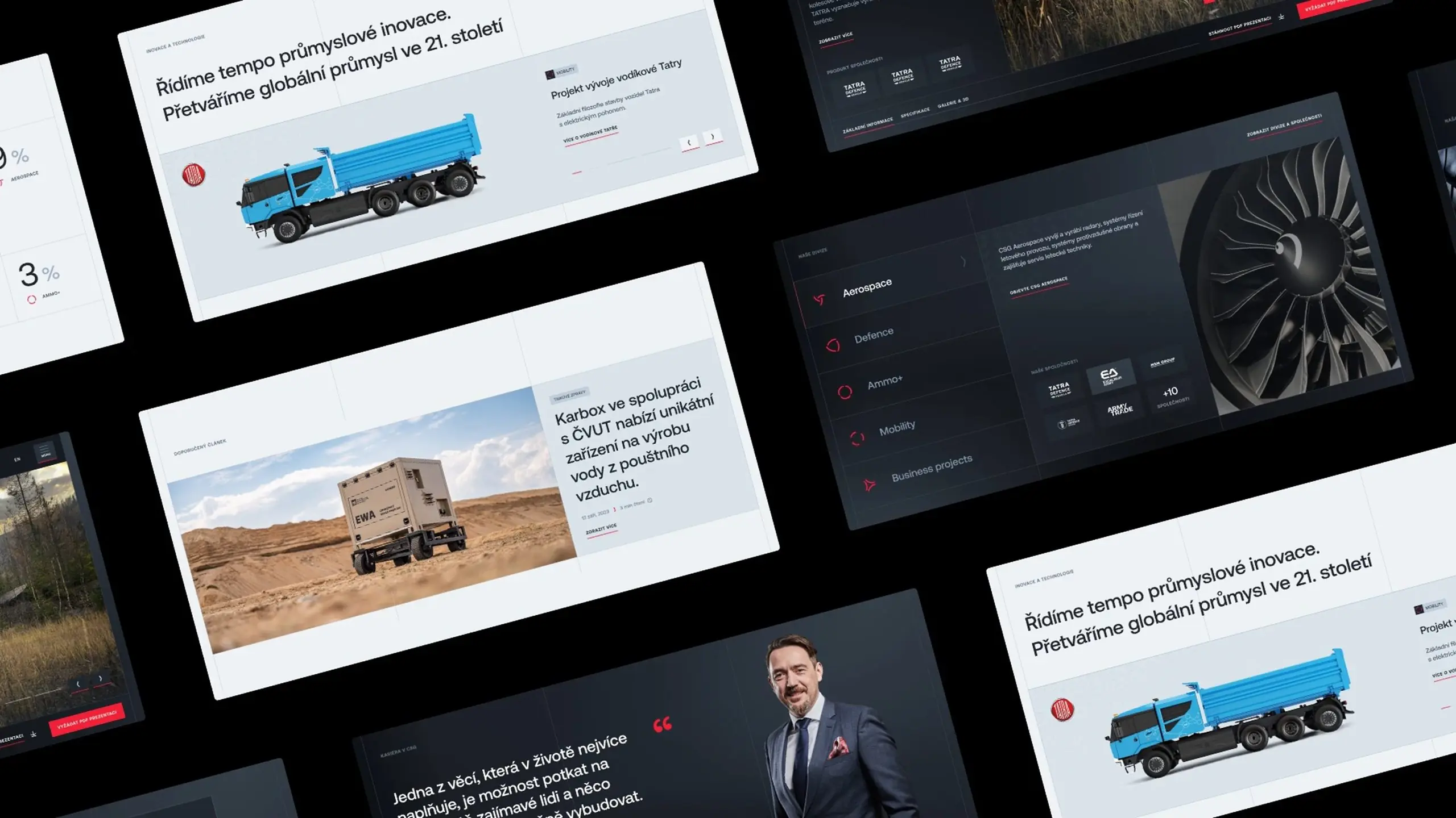 Collage of CSG divisional website pages: news, product and aerospace sections