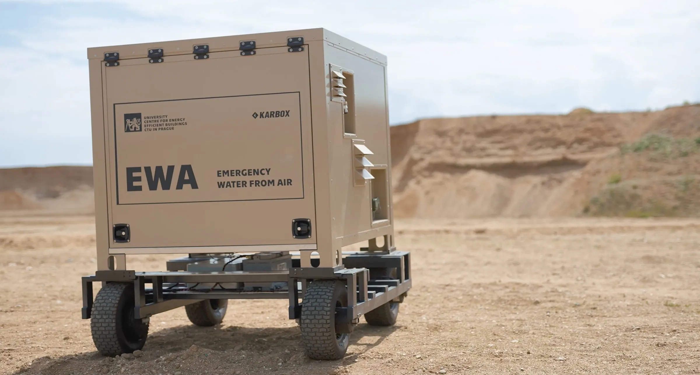 EWA emergency water-from-air unit on wheels in a desert quarry