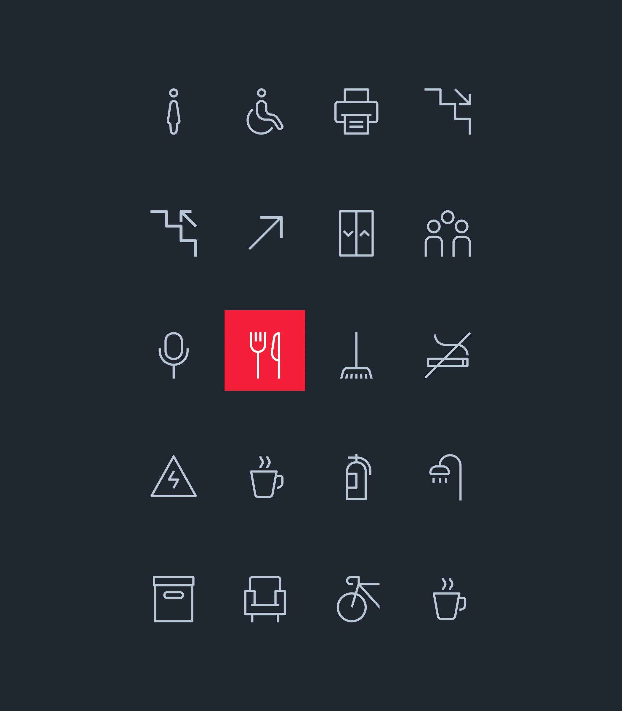 CSG icon set, line icons on navy with one highlighted in red