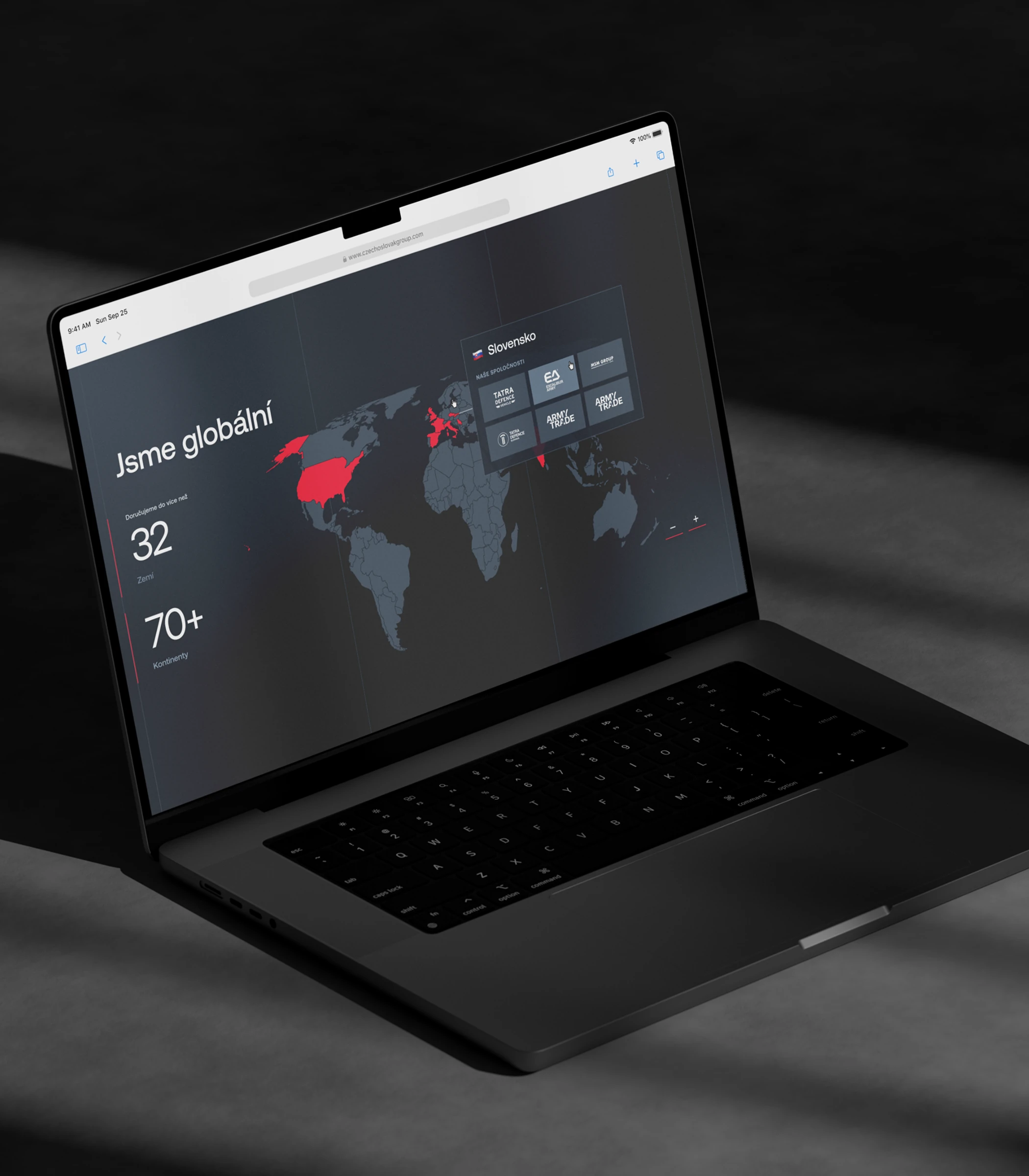 Laptop showing the CSG global presence map with country and company counts
