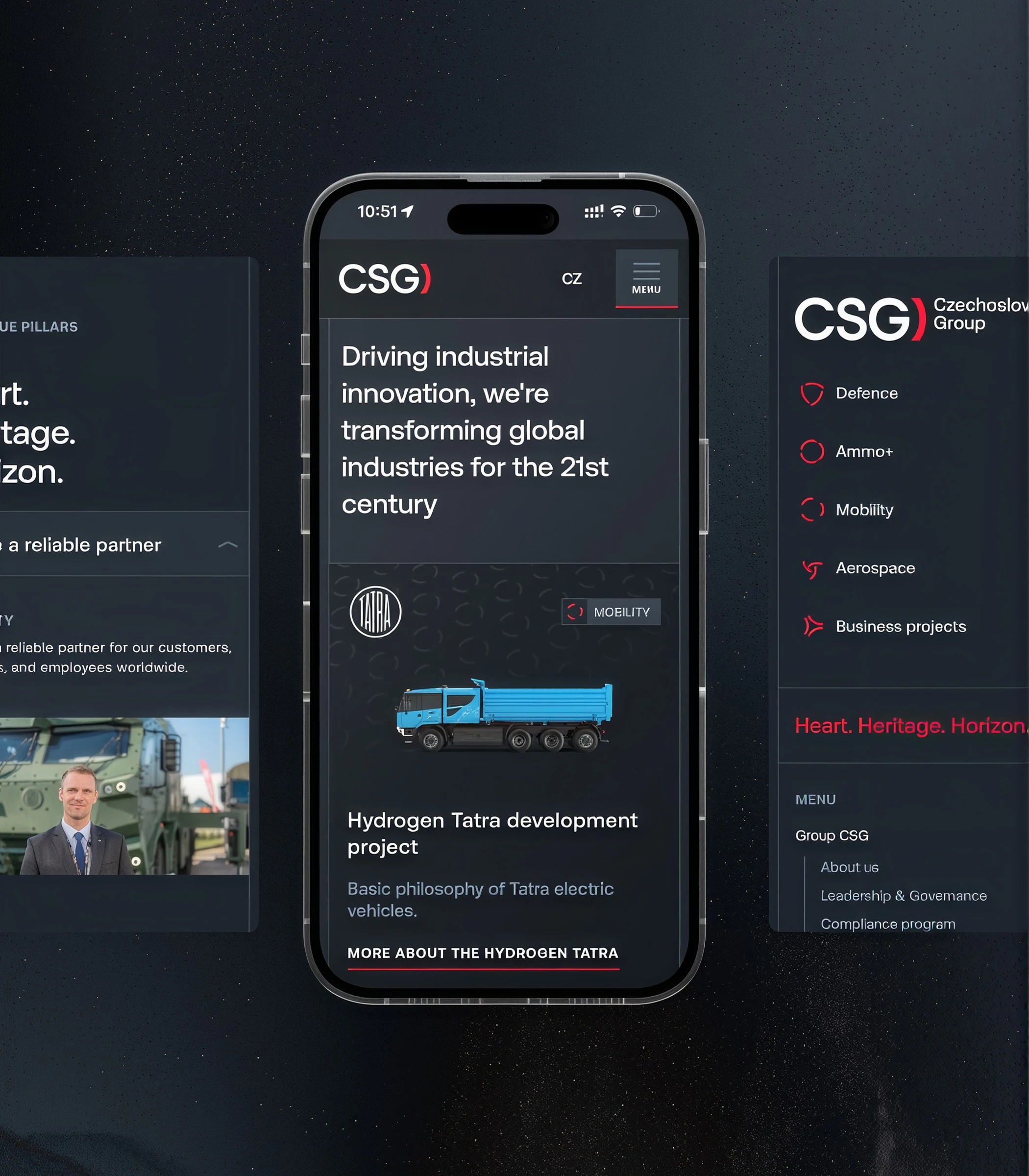 CSG mobile site: homepage, division menu and a news article