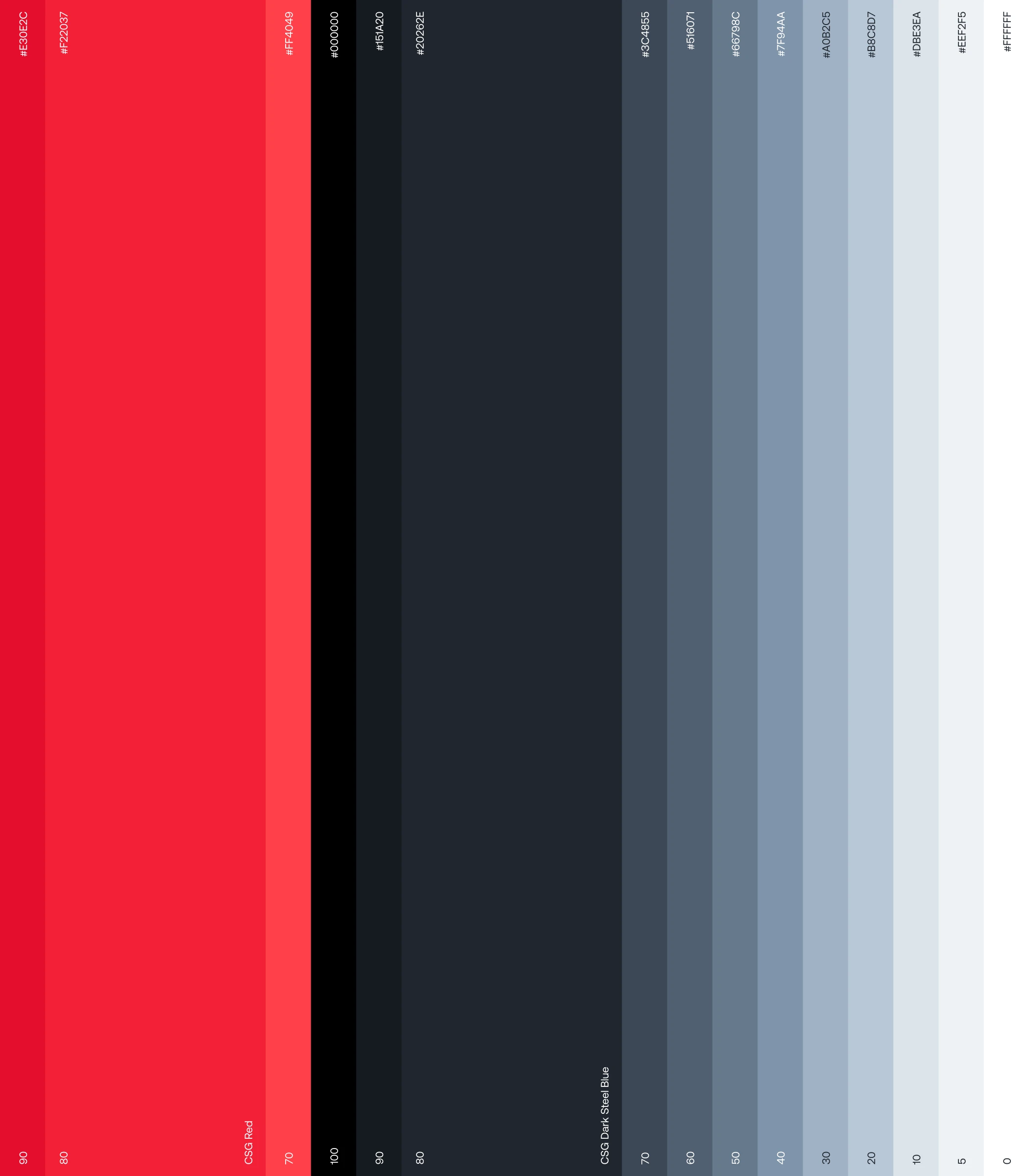 CSG colour palette: signal red, black, navy and a scale of blue-greys
