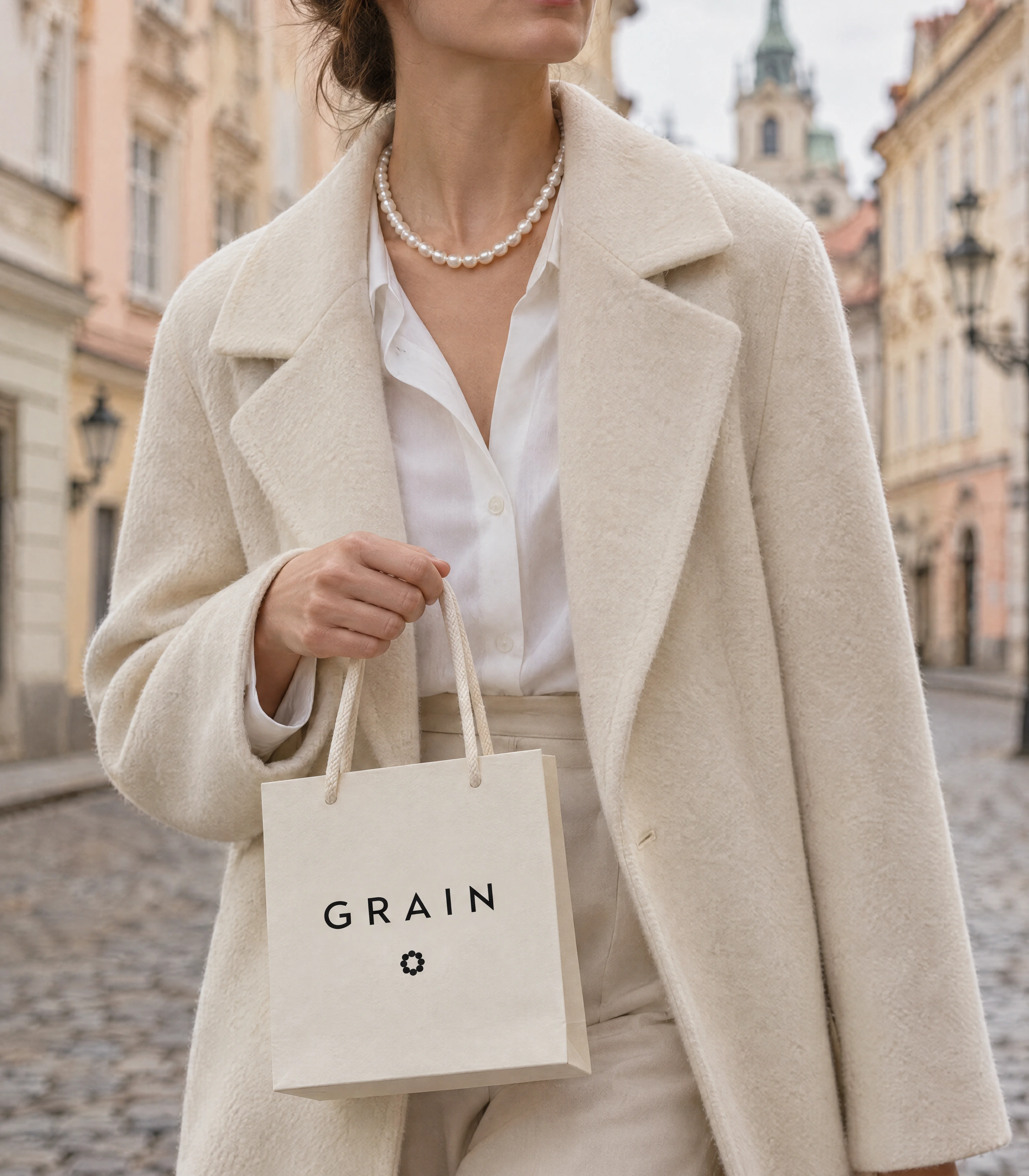 Woman in a cream coat carrying a GRAIN shopping bag on a cobbled Prague street