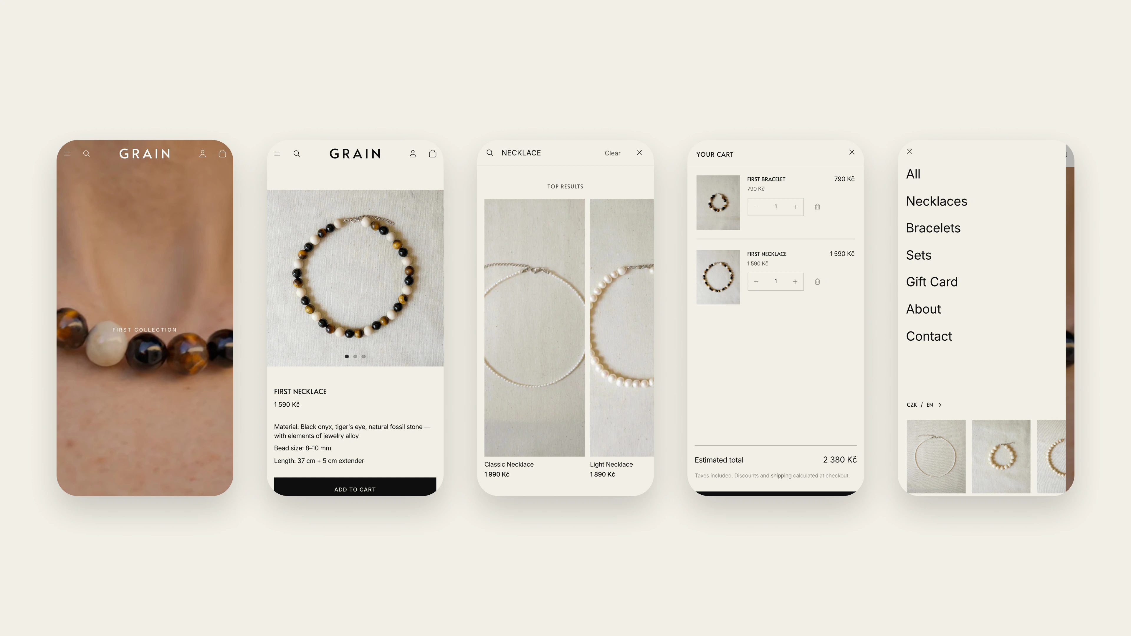 Five GRAIN phone screens: home, product, search, cart and menu