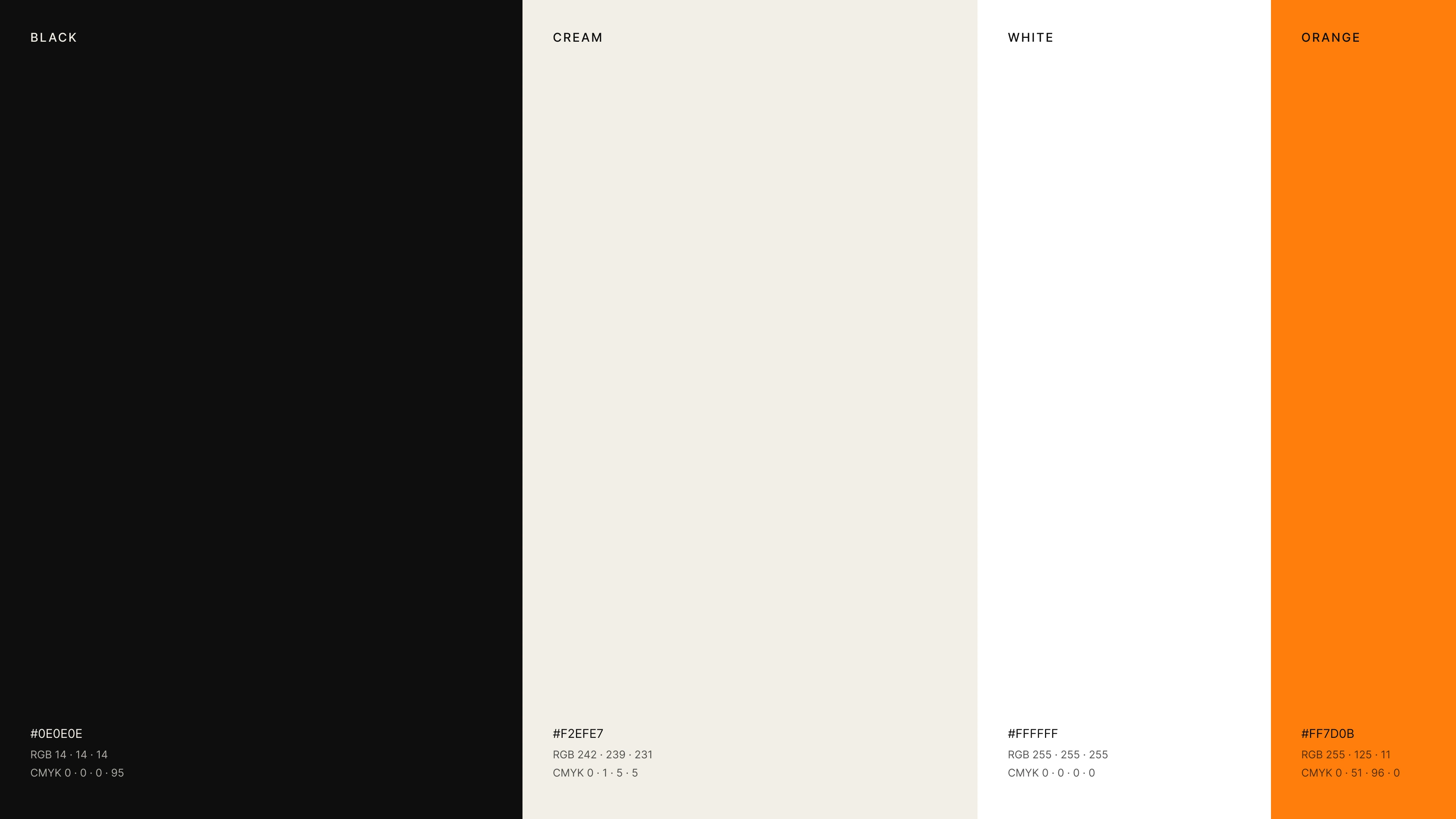 GRAIN palette: black, cream, white and a narrow orange accent
