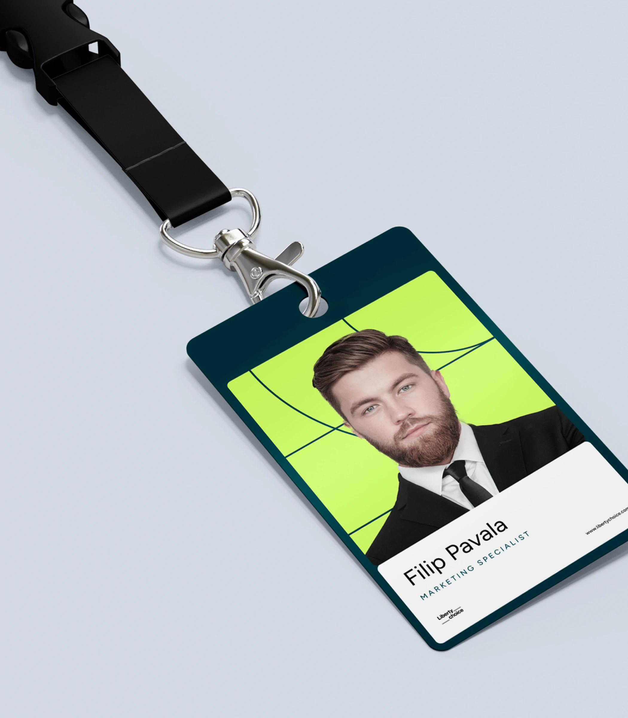 Liberty Choice employee badge on a lanyard