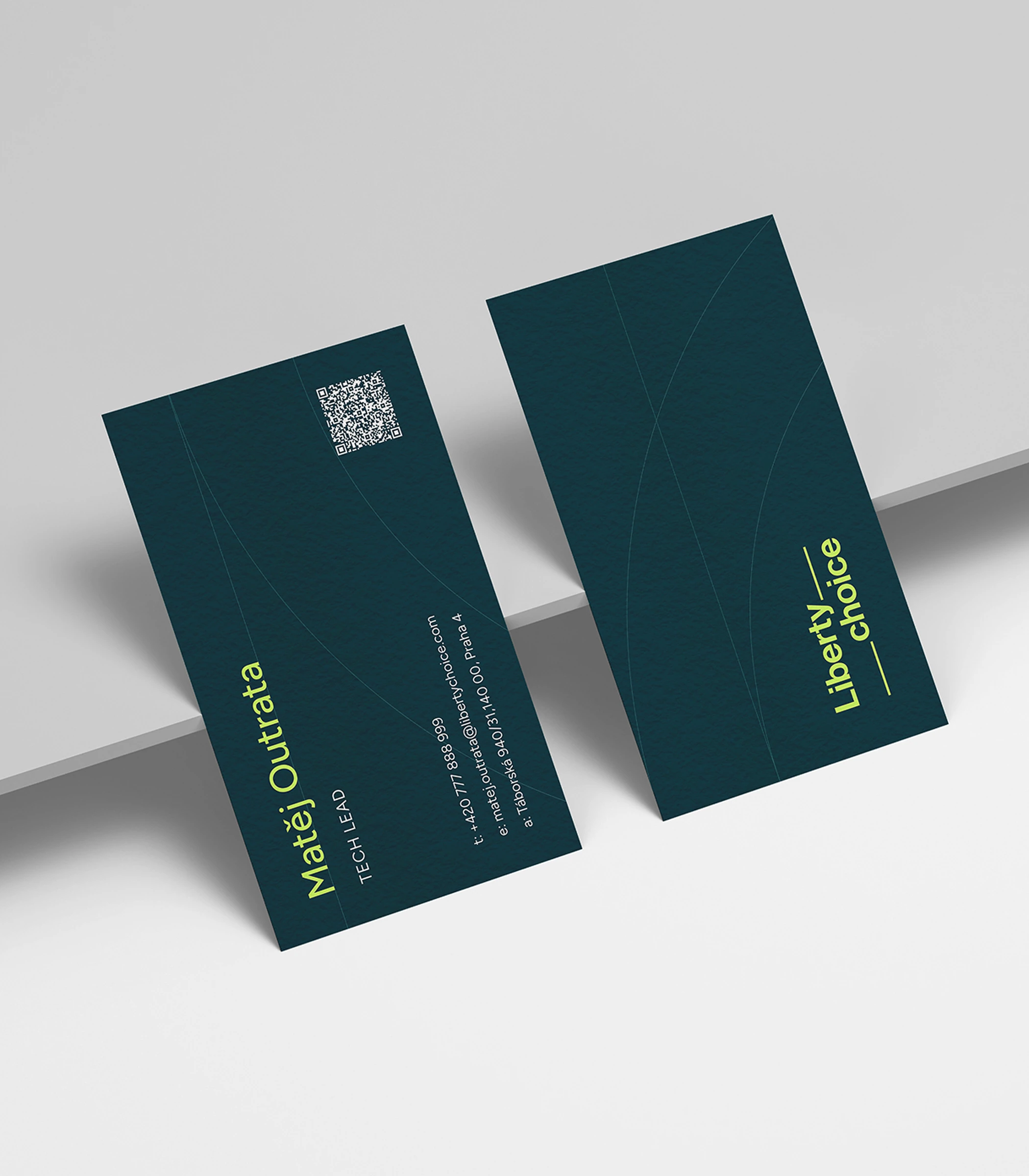 Liberty Choice business cards in Cyprus teal with lime type