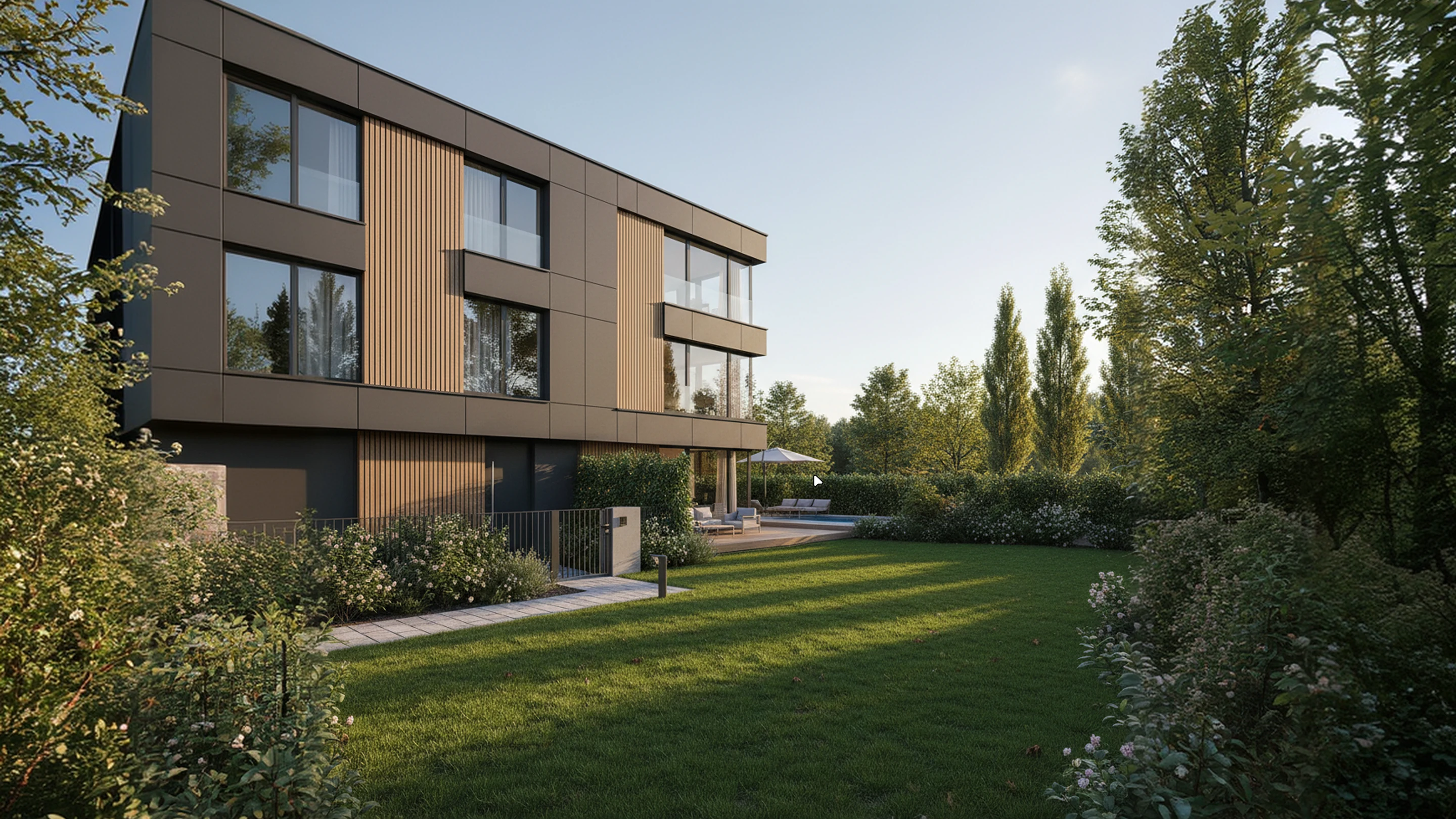 Modern timber-clad apartment building with a lawn at golden hour