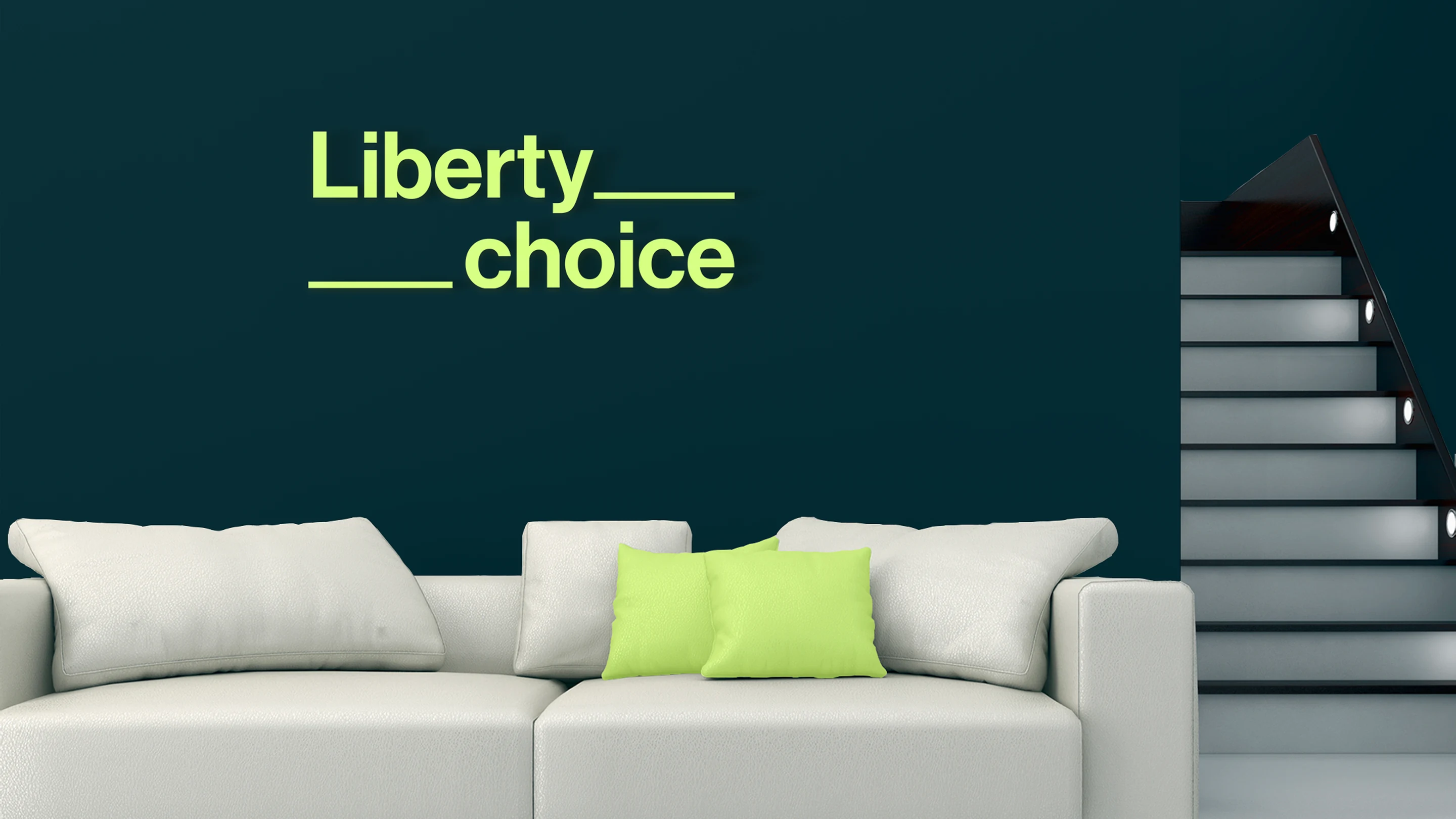 Office lounge with a Cyprus teal wall, the Liberty Choice logotype and a lime cushion on a white sofa