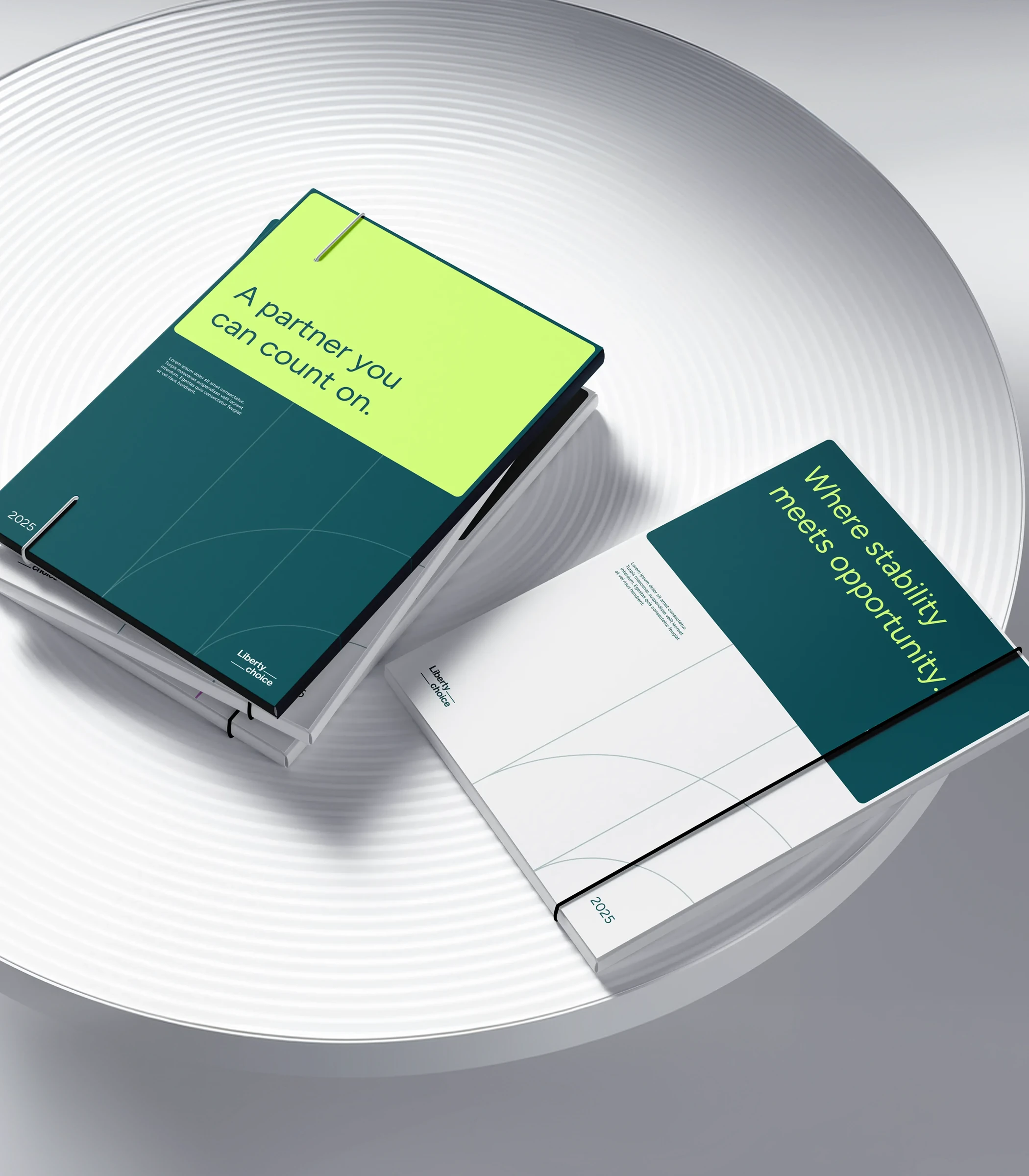 Liberty Choice printed brochures on a white plinth