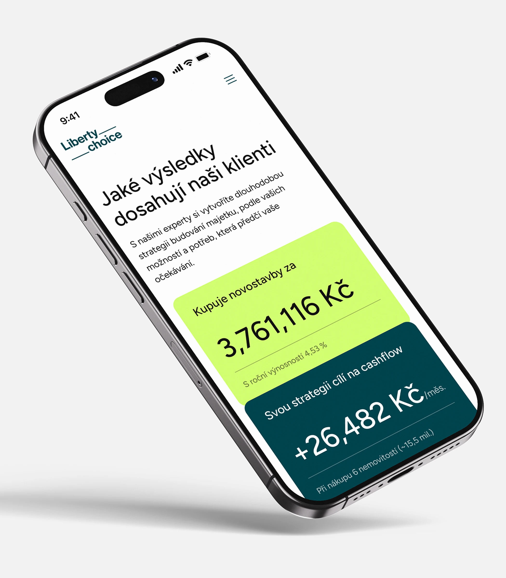 Phone showing the Liberty Choice website with client portfolio results