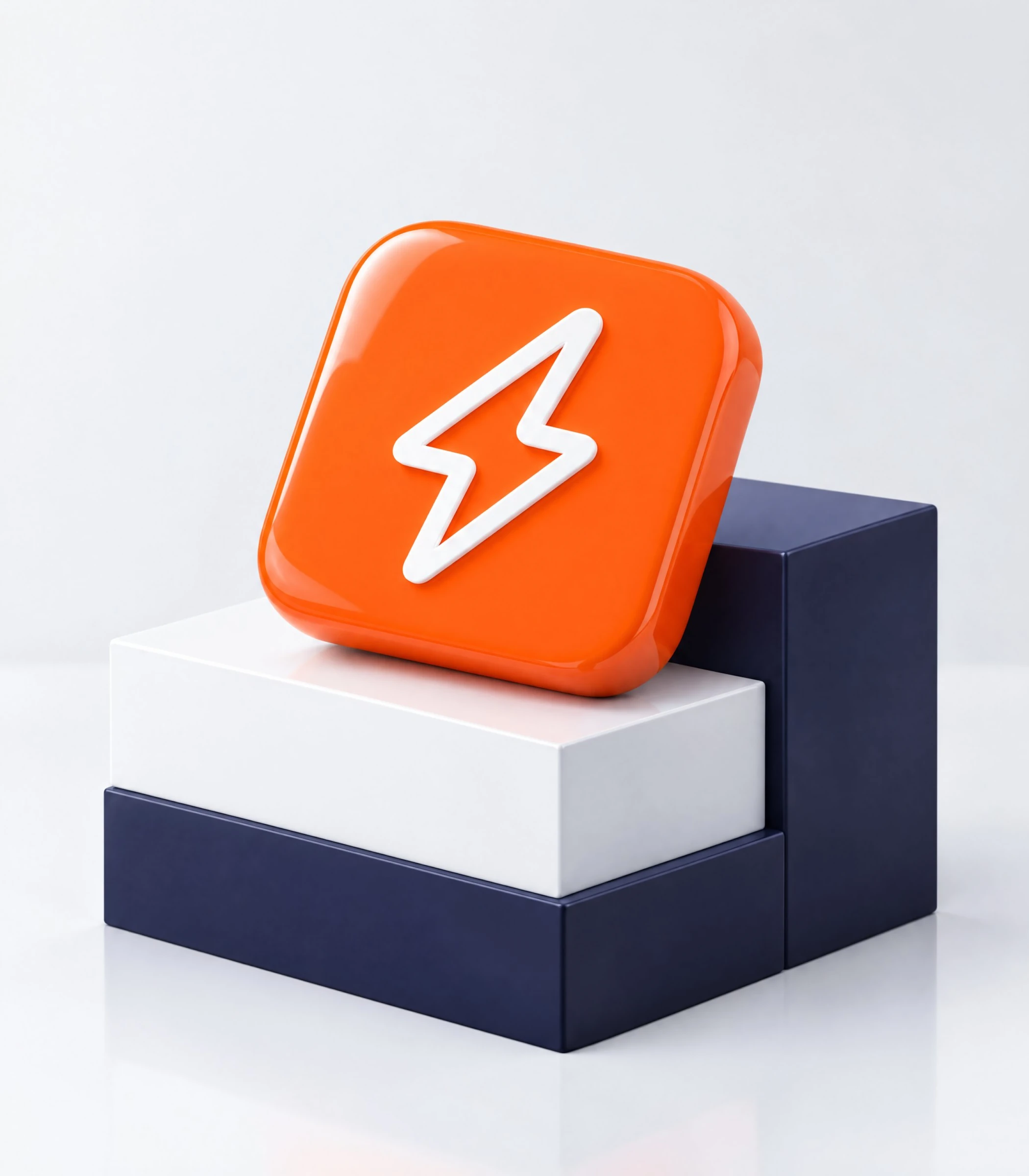 Proud app icon, an orange bolt, resting on white and navy blocks