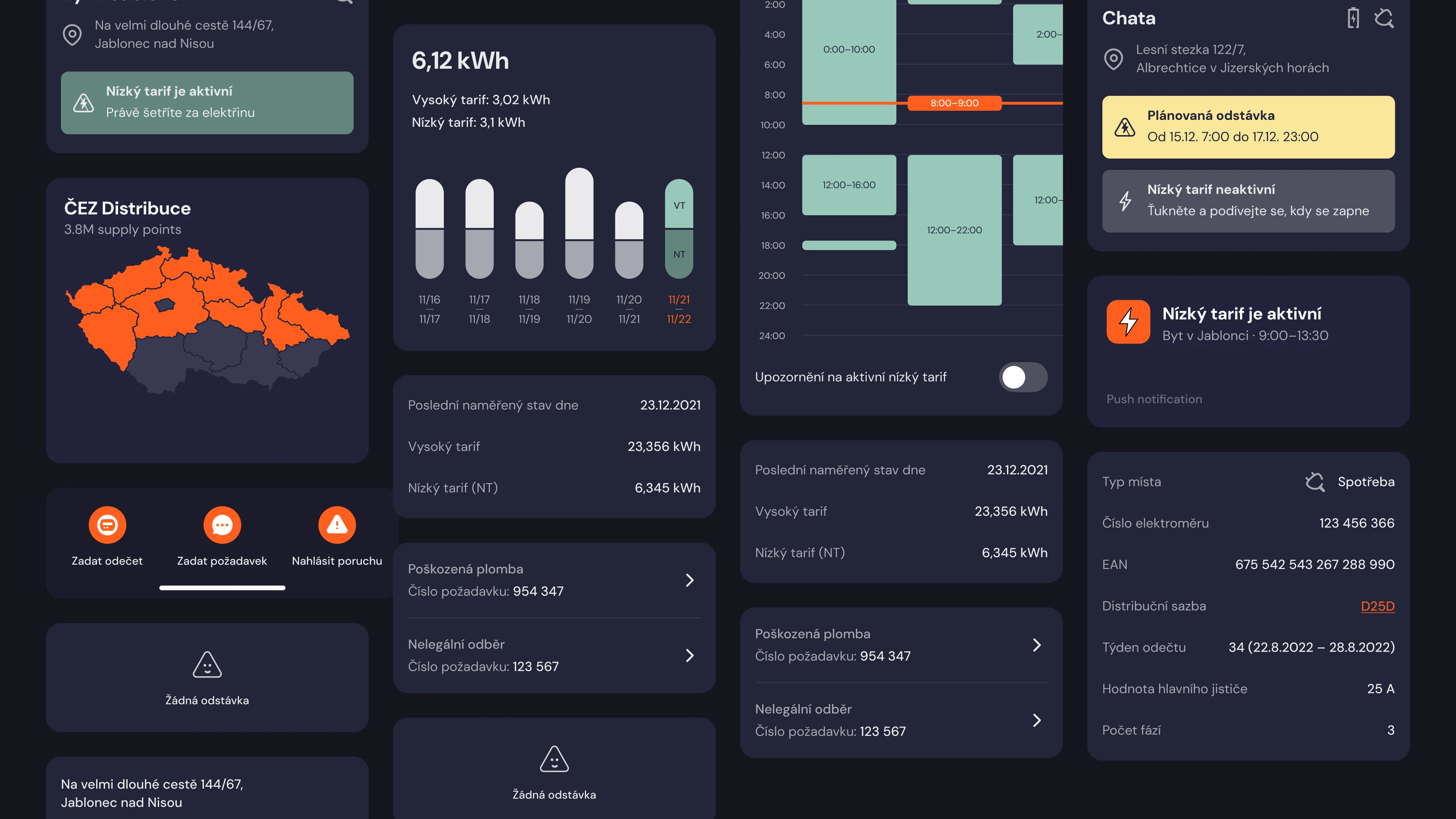 Dark-mode Proud components: supply-point cards, consumption chart, low-tariff calendar, readings and a coverage map