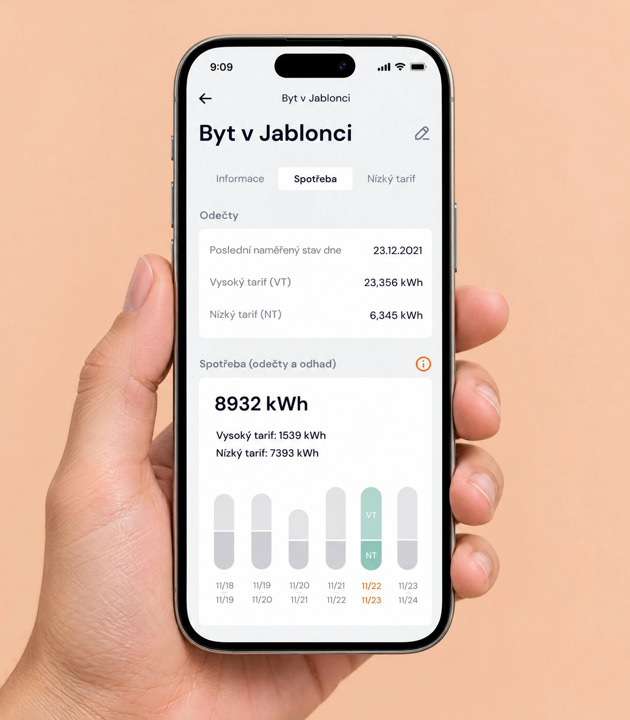 Hand holding a phone with the consumption chart of a supply point against a peach wall
