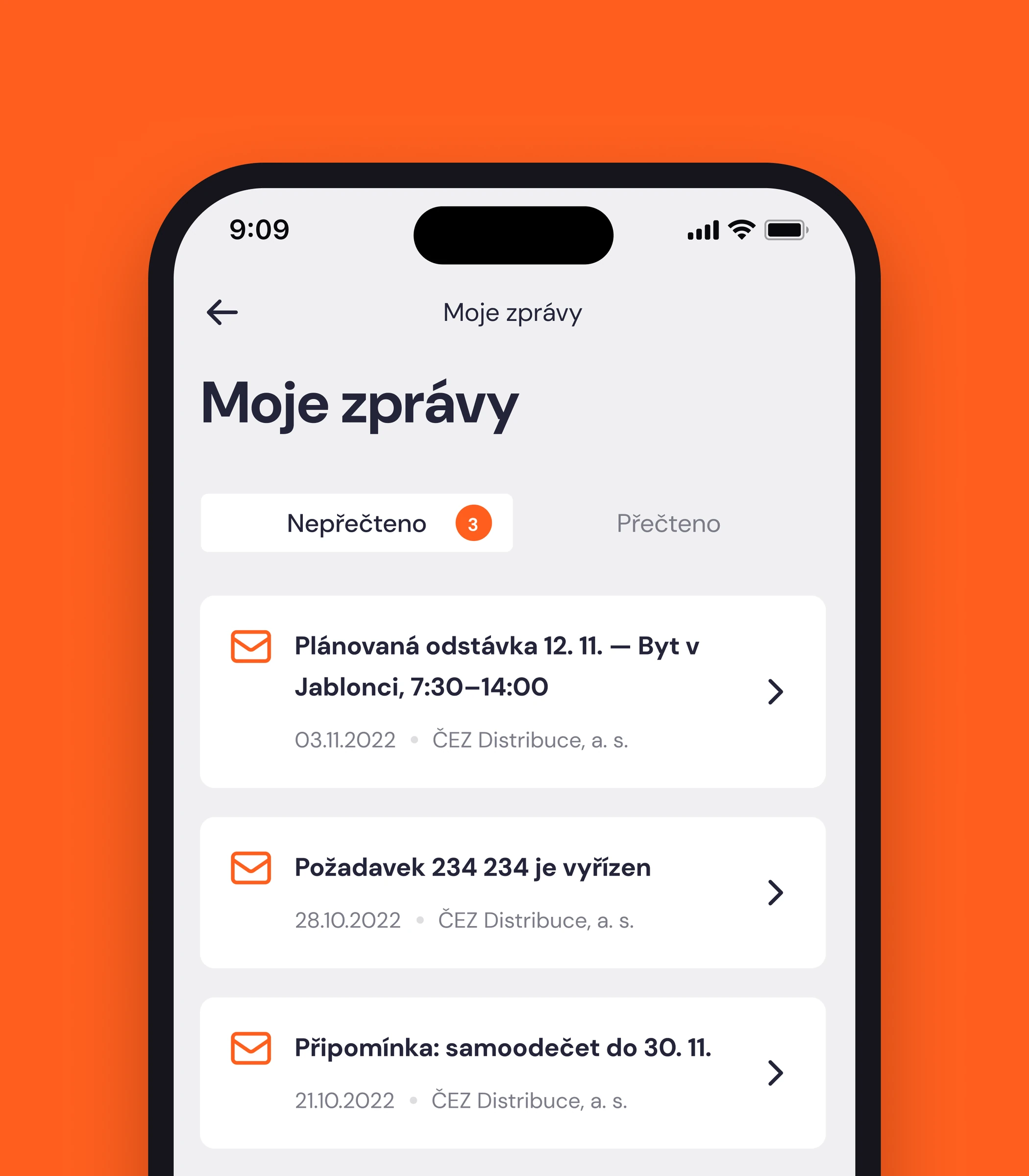 Phone on orange showing the Proud inbox with messages from the distributor