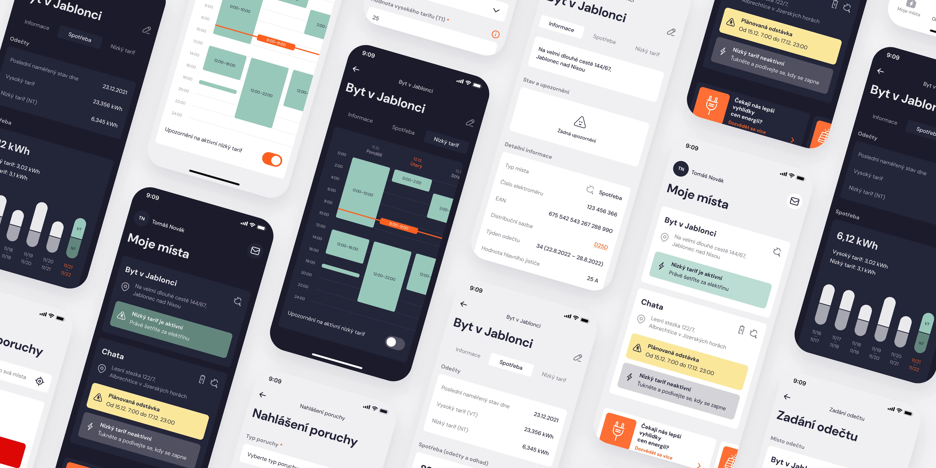Wall of Proud screens in light and dark mode: supply points, consumption, low-tariff calendar, outages