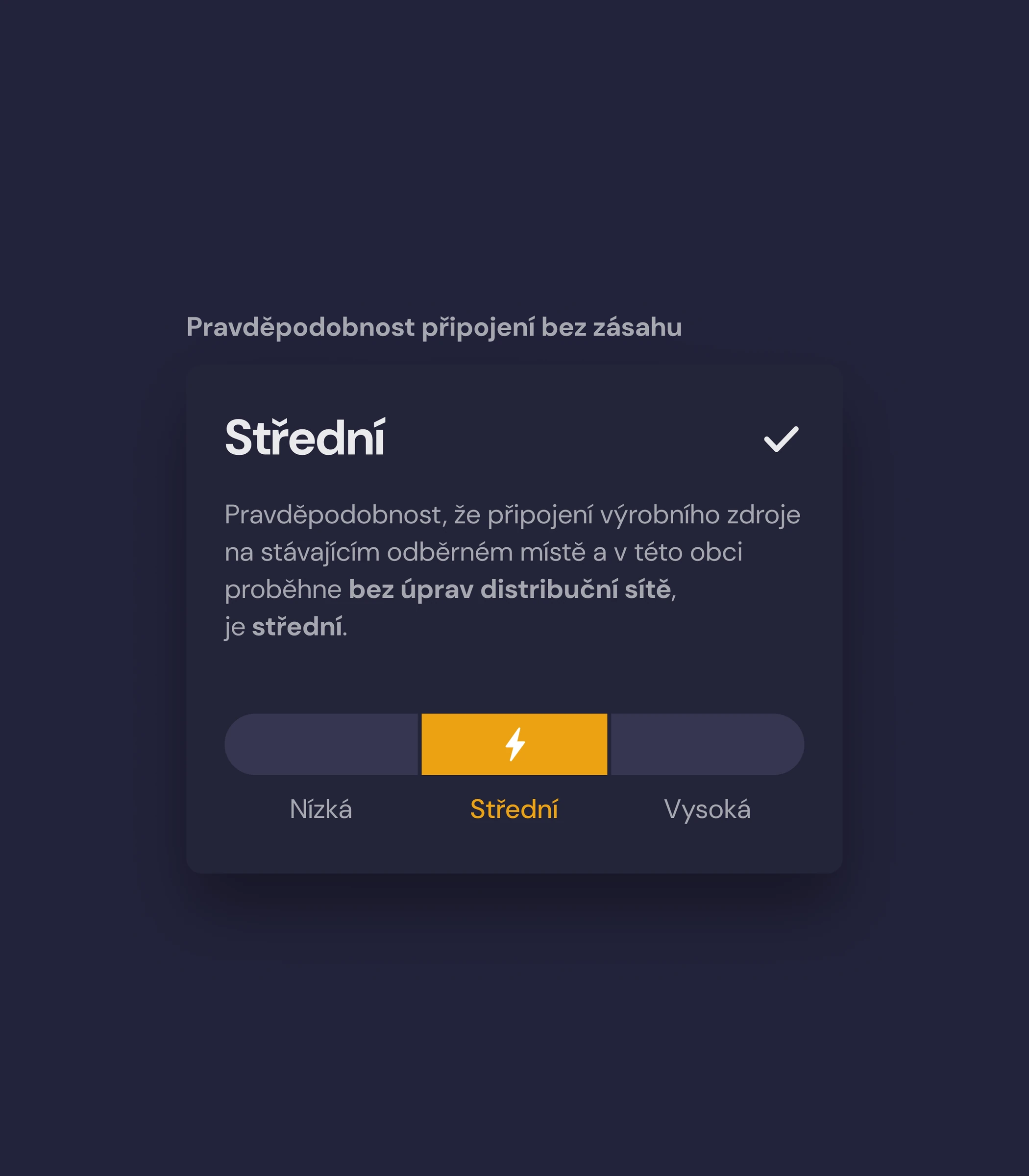 Dark interface card rating the chance of connecting a solar source as 'Střední'