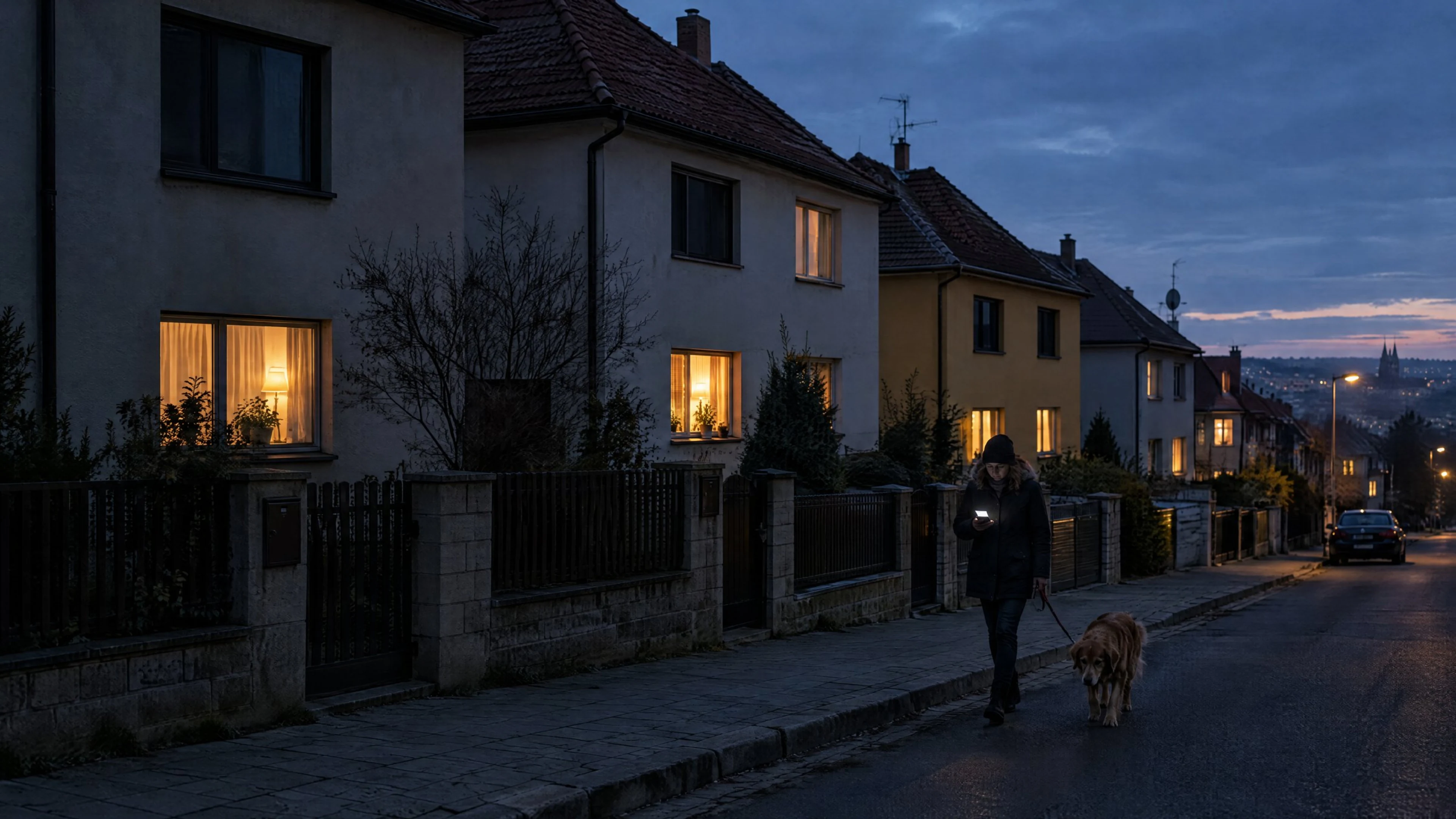 Czech village street at dusk, a few windows lit, a man walking a dog