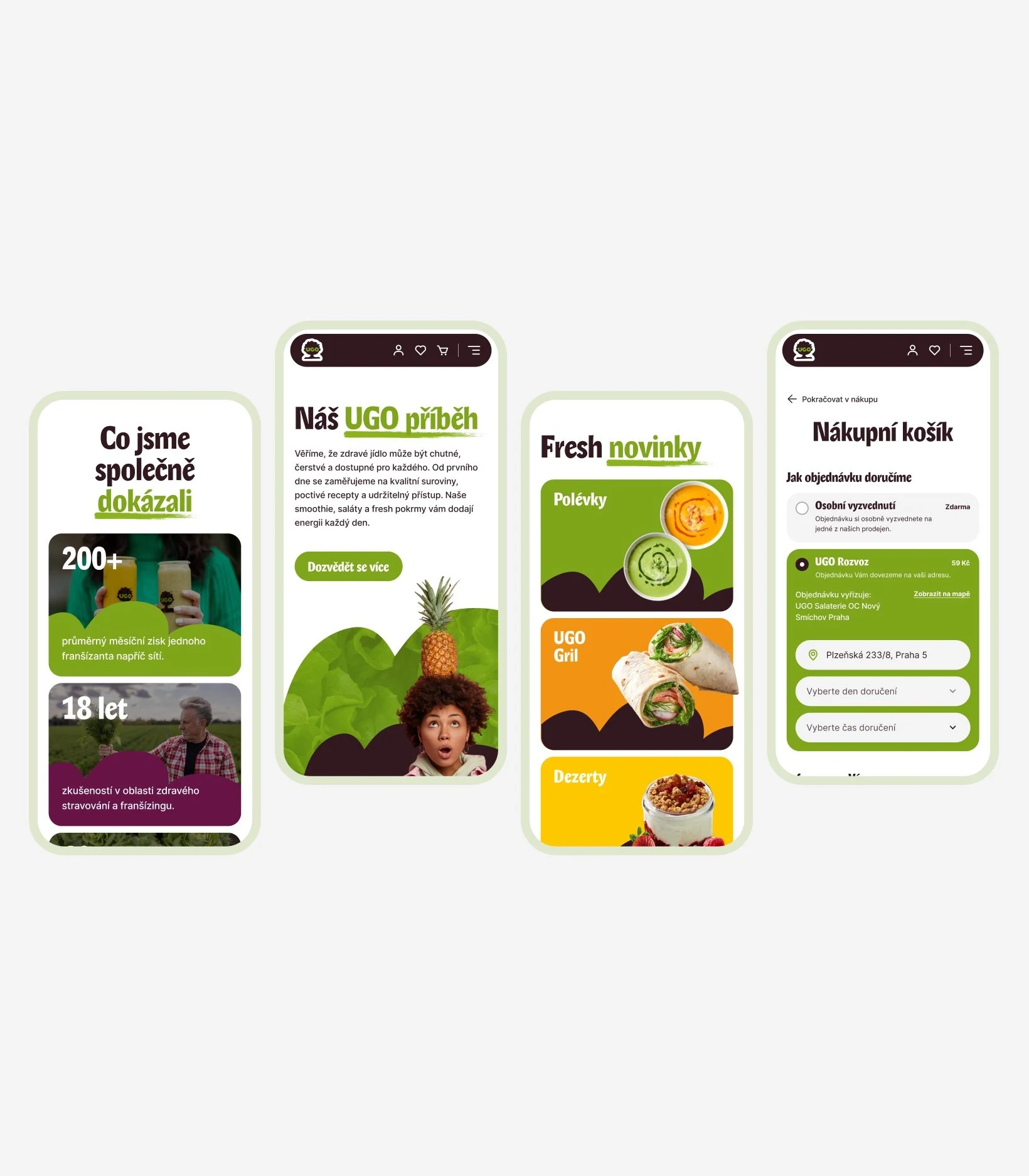 Four UGO mobile screens: company numbers, brand story, new products and the shopping cart