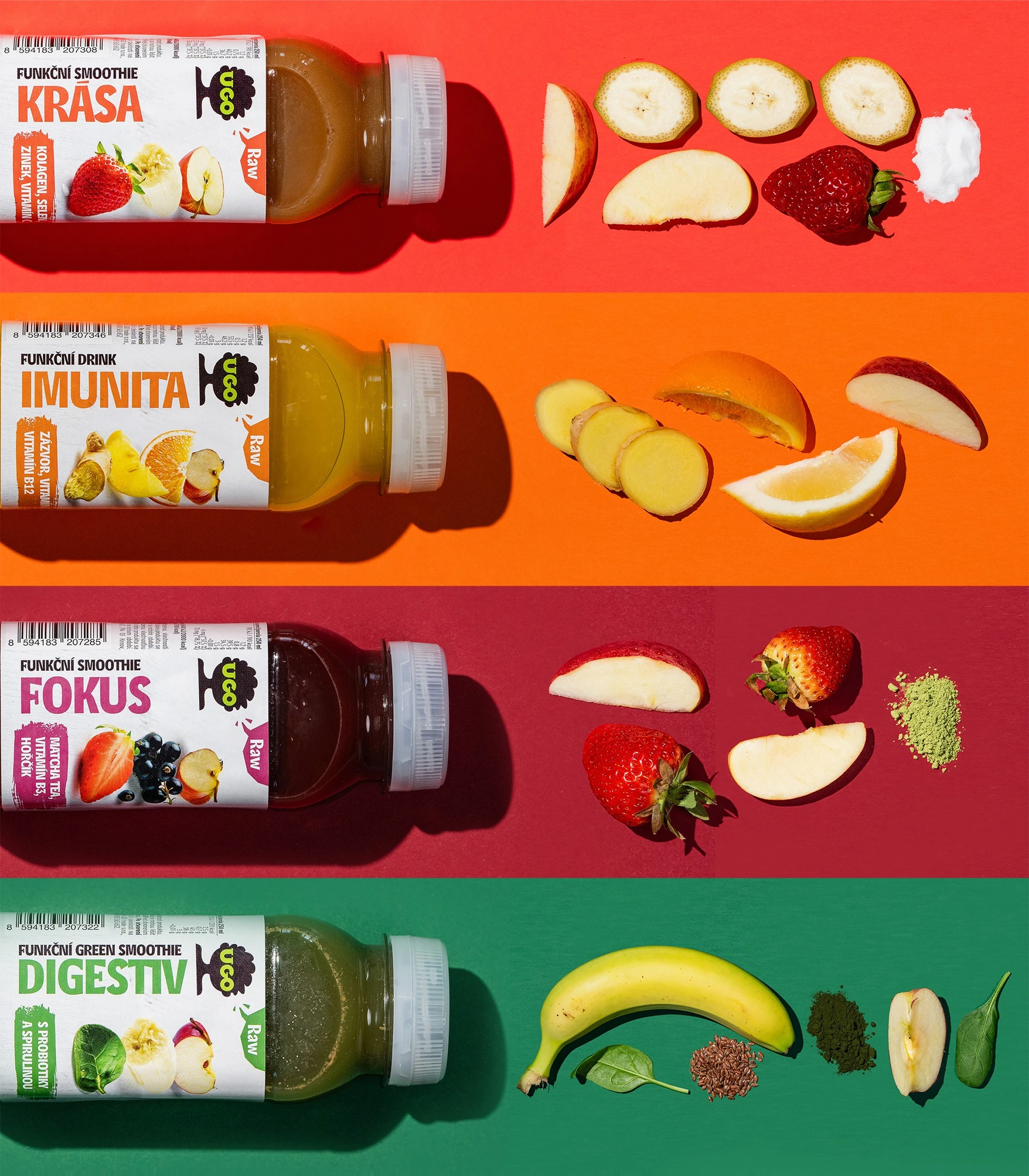 Four UGO functional drinks — Krása, Imunita, Fokus, Digestiv — each on its own colour band with fruit