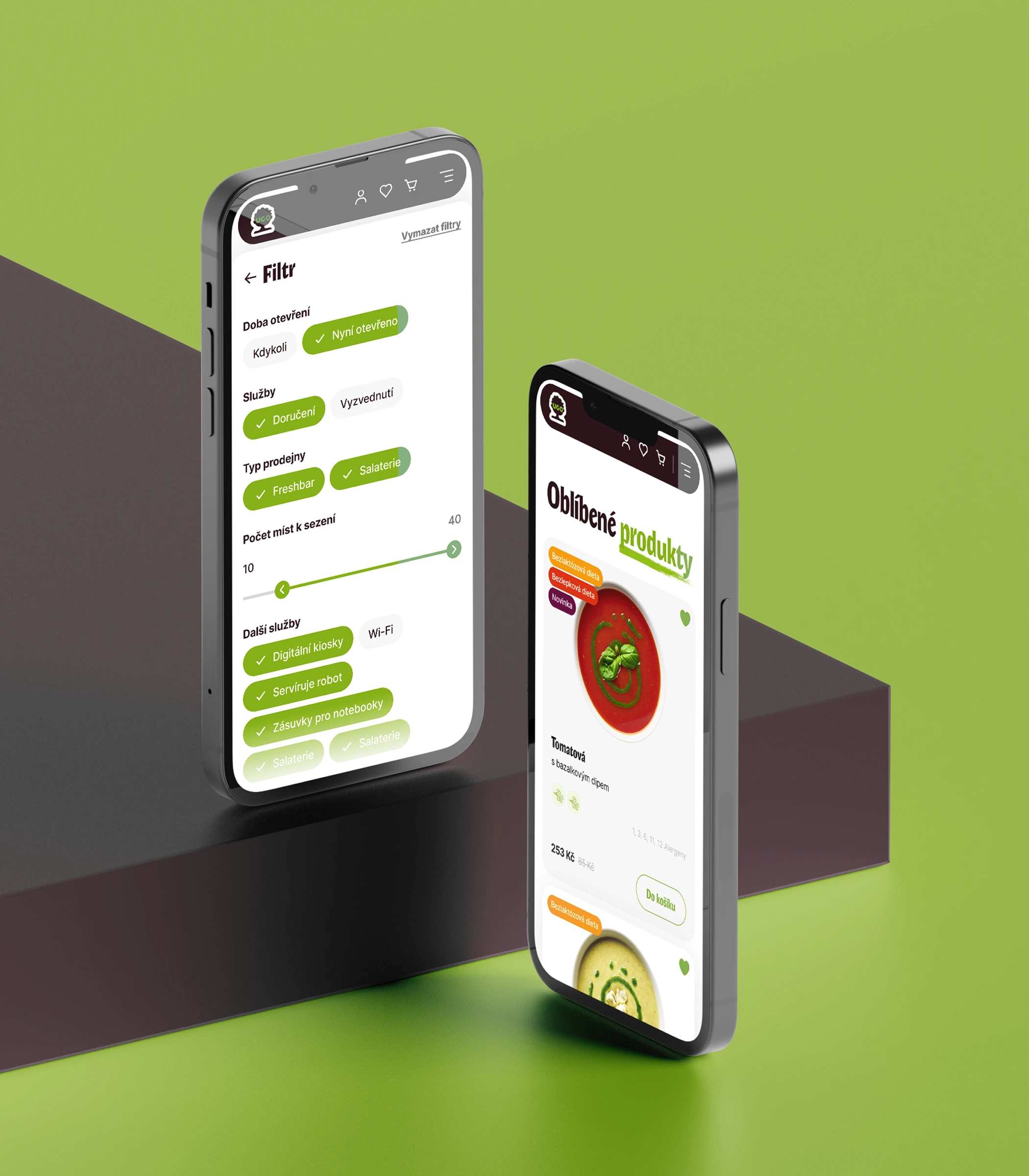 Two phones on green and plum blocks showing the UGO product filter and a favourites list