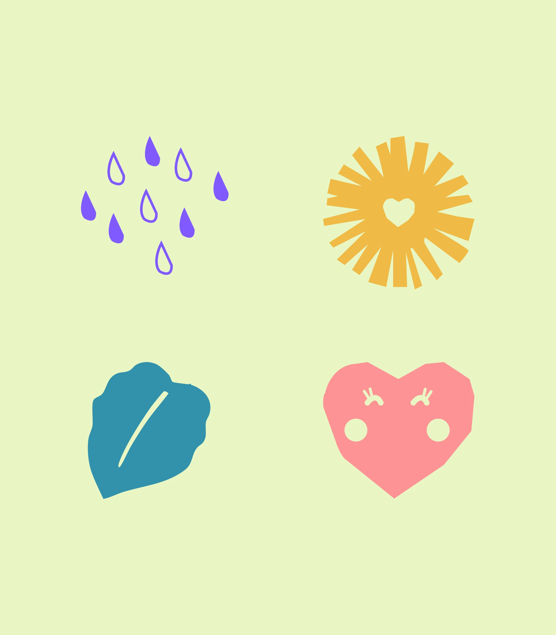 UNUO illustrations: raindrops, a sun, a leaf and a smiling heart