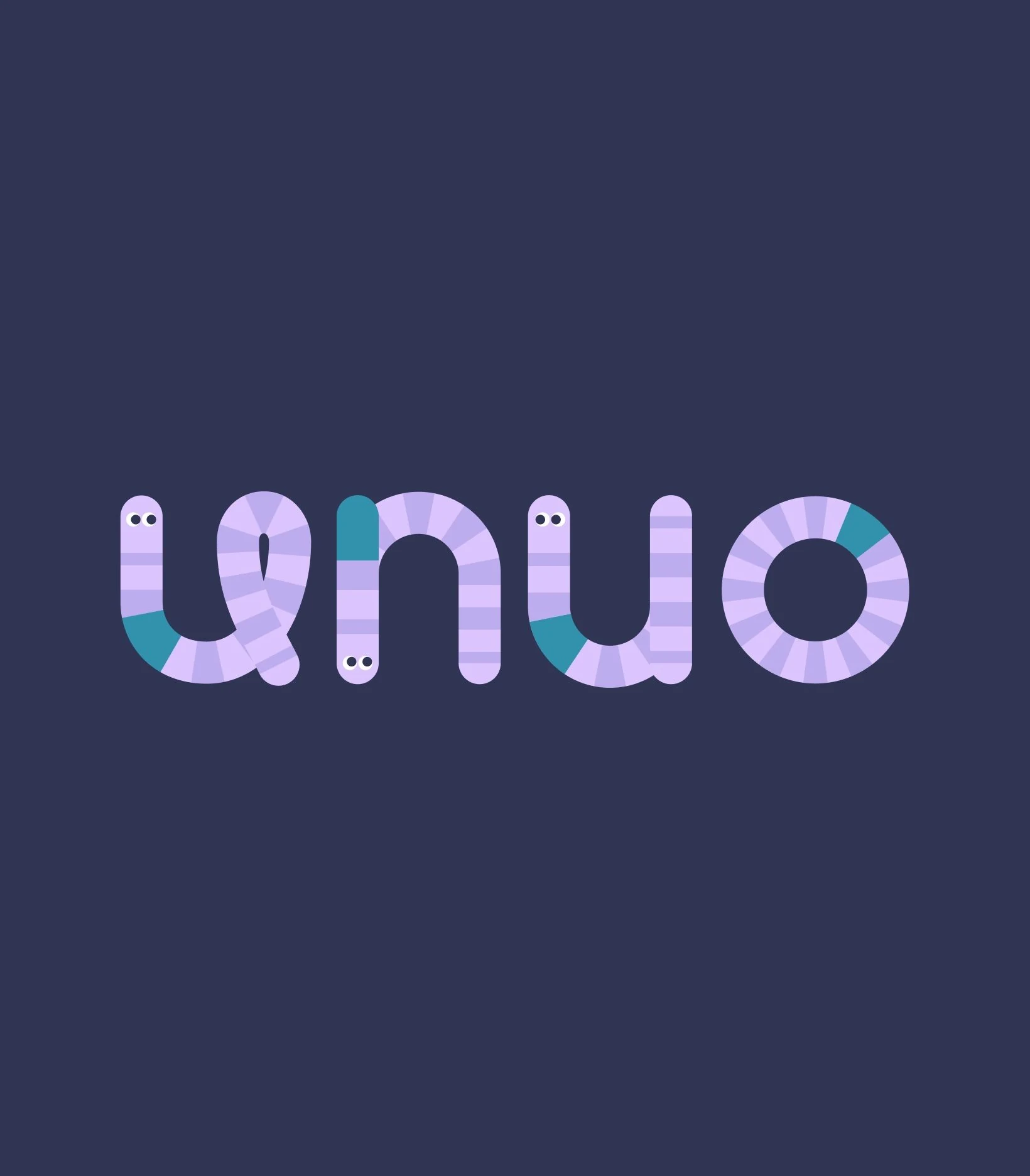 UNUO logotype in violet and teal stripes on navy