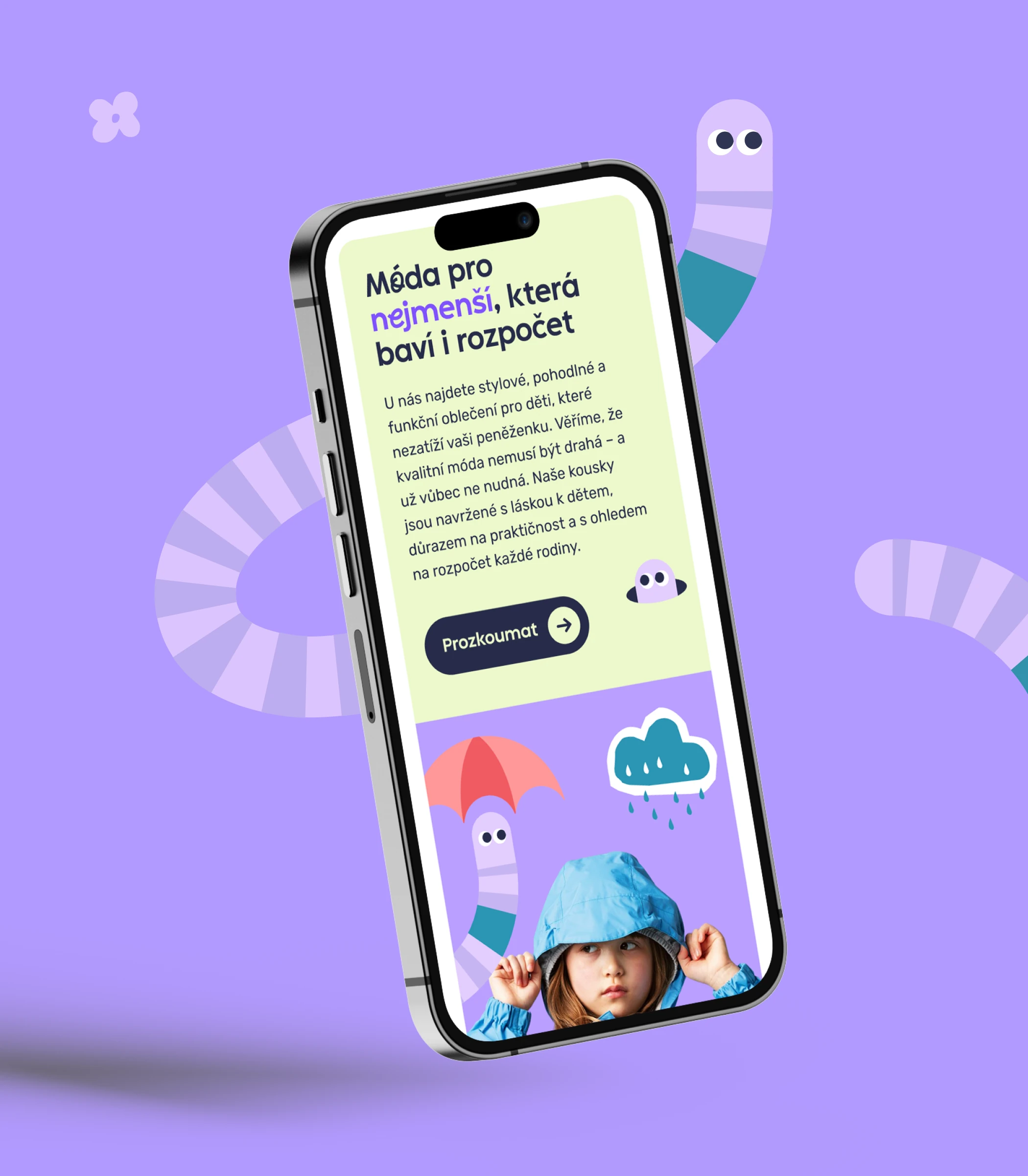 Phone showing the UNUO homepage, surrounded by the brand's striped worm character