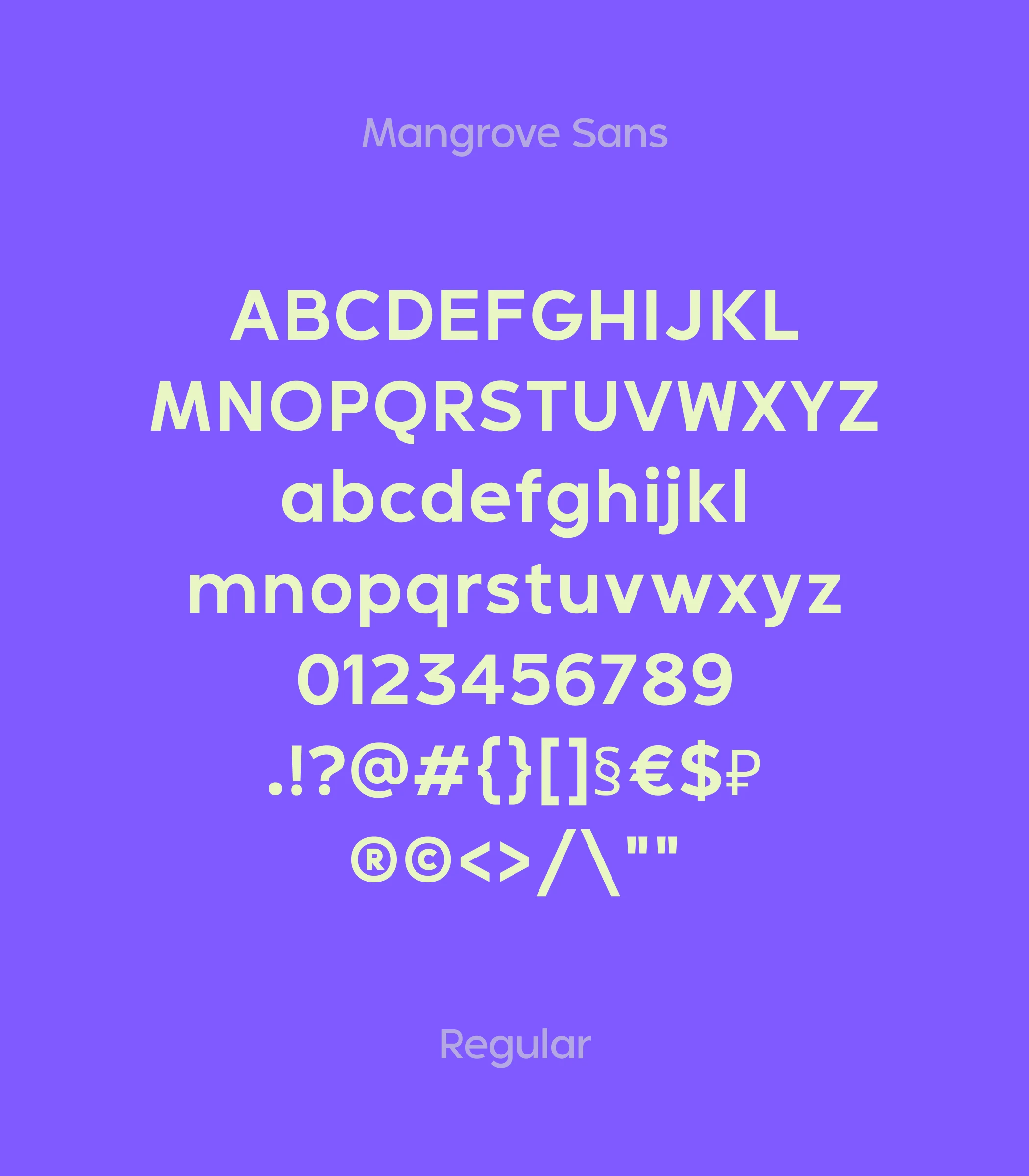 Mangrove Sans typeface specimen on UNUO violet