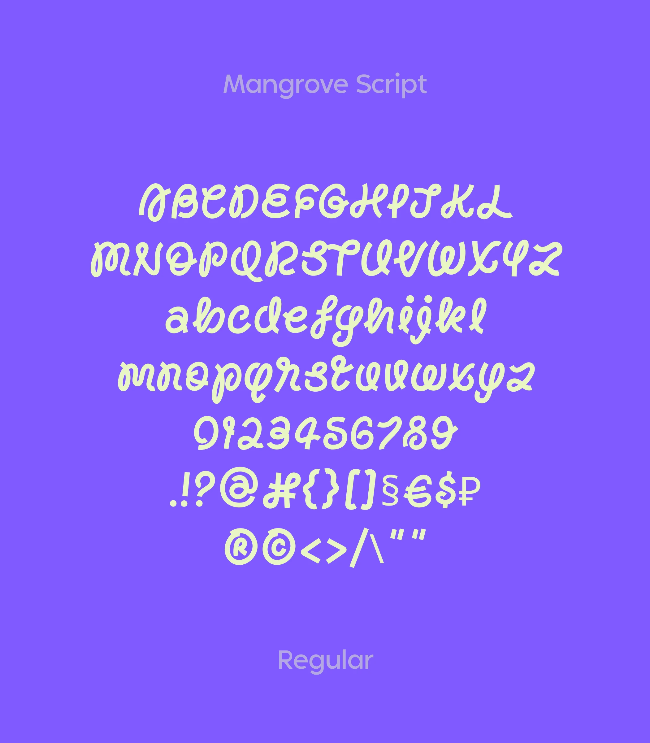 Mangrove Script typeface specimen on UNUO violet